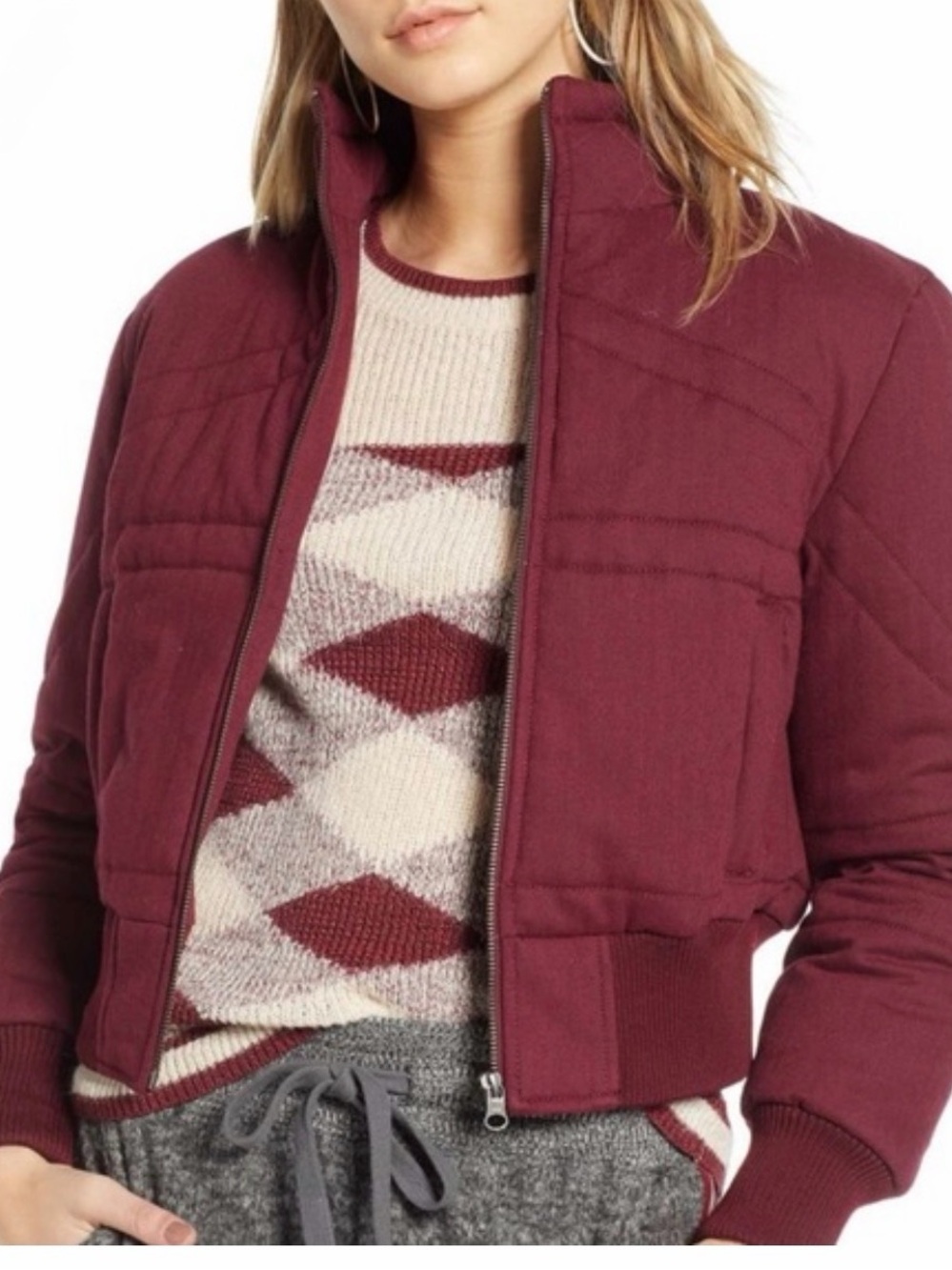 Treasure & Bond Quilted Bomber Jacket in Burgundy